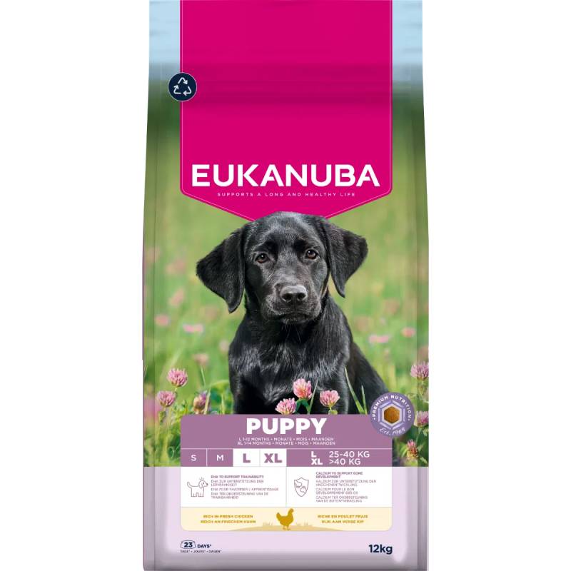 Eukanuba Puppy Large Breed bag featuring a black puppy in a flower field.