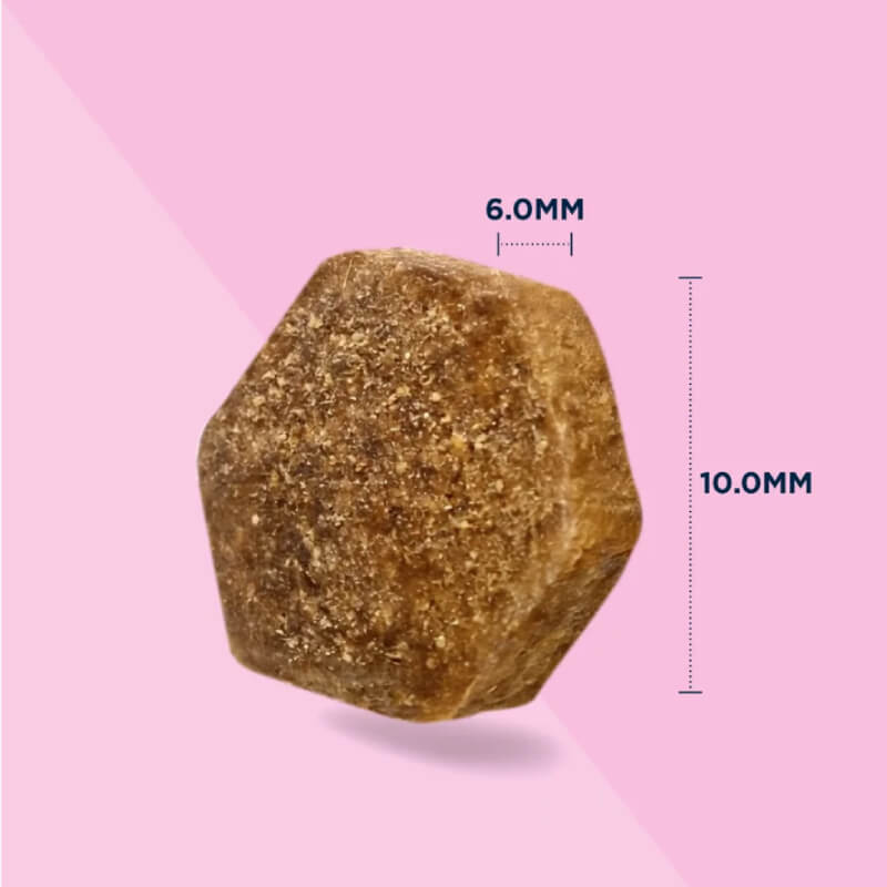 A brown, irregular 6.0 x 10.0 mm piece—likely Eukanuba Adult Small Breed Chicken dog food.