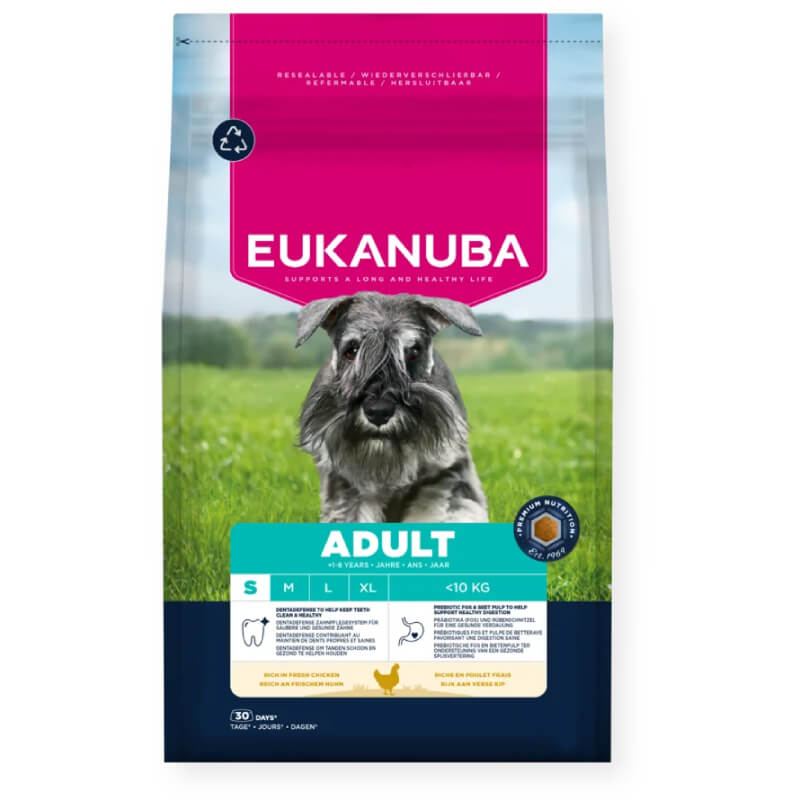 Eukanuba Adult Small Breed Chicken dog food bag with Schnauzer on front.