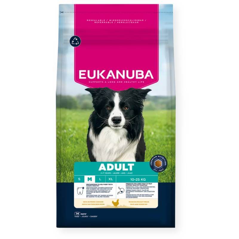 Eukanuba Adult Medium Breed Chicken dog food with a black and white dog on the front.