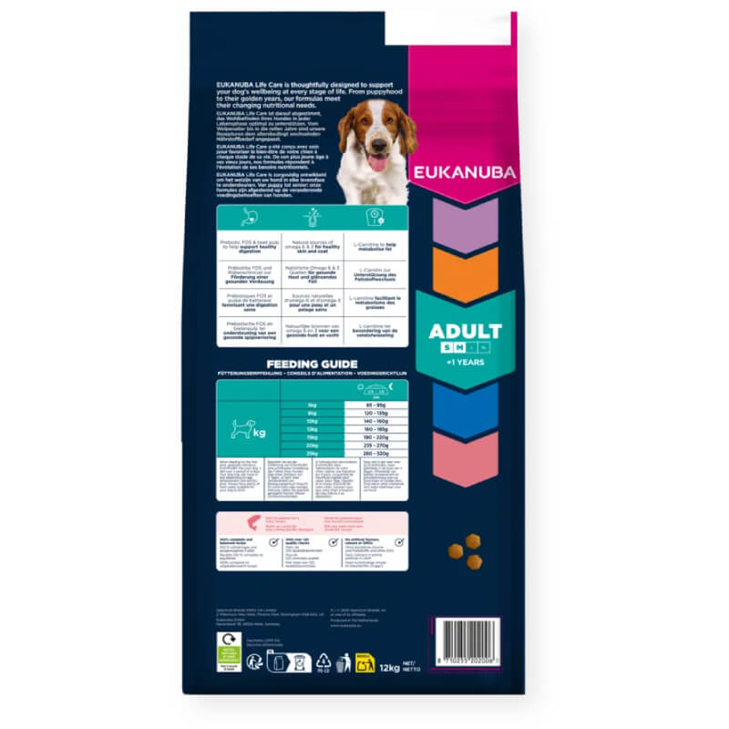 Back of Eukanuba Adult Small/Medium Breed Salmon 12kg with feeding guide and digestion info.