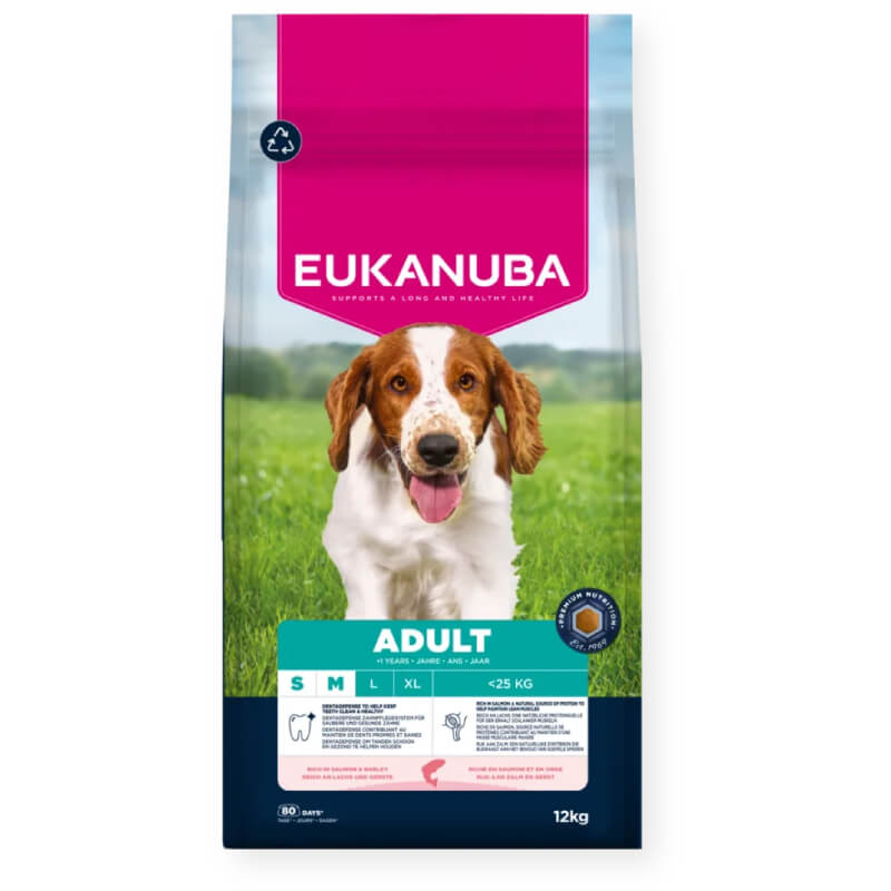 Eukanuba Adult Small/Medium Breed Salmon 12kg supports healthy digestion.