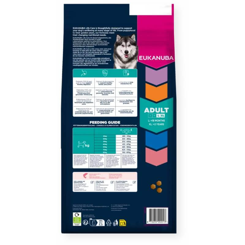 Eukanuba Adult Large/XL Breed Salmon 12kg bag shows feeding guide and a husky on the back.