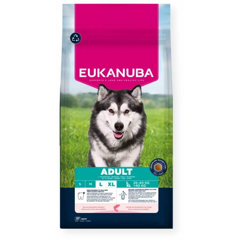 Eukanuba Adult Large/XL Breed Salmon 12kg dog food with a husky on the packaging.