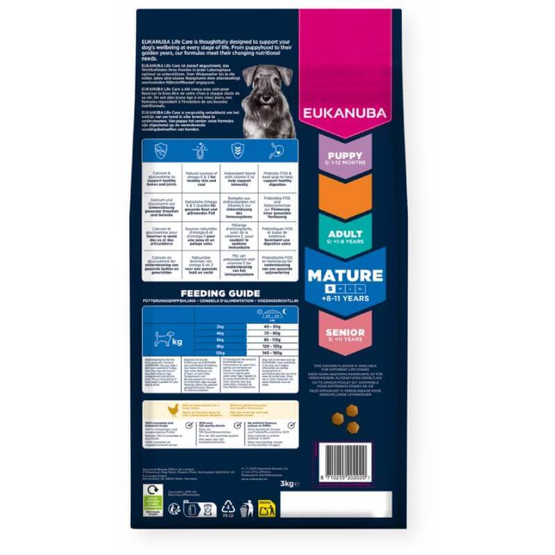 Back of Eukanuba Mature Small Breed Chicken 3kg bag with feeding guide, text, and joint icons.