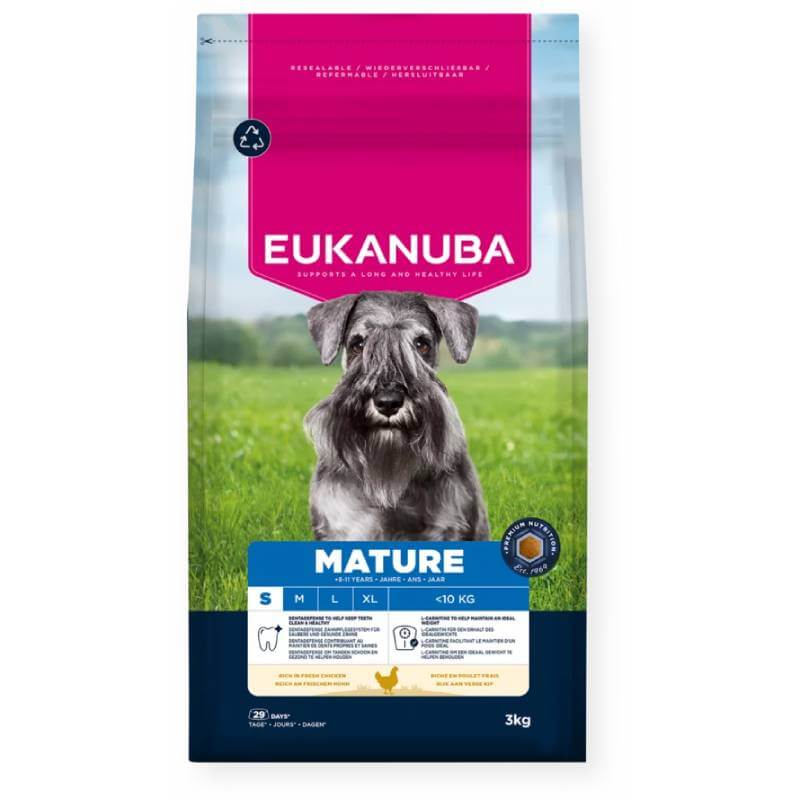 Eukanuba Mature Small Breed Chicken 3kg bag with a black dog and joint support benefits.