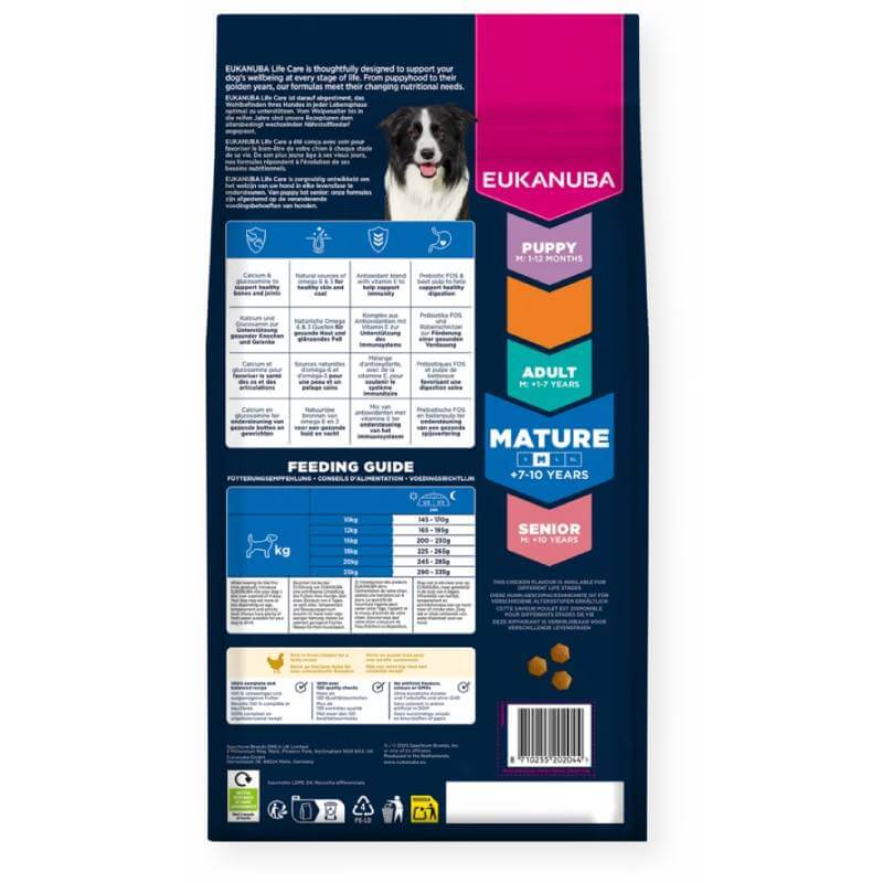 Back of Eukanuba Mature Medium Breed Chicken bag with feeding guide and senior nutrition info.