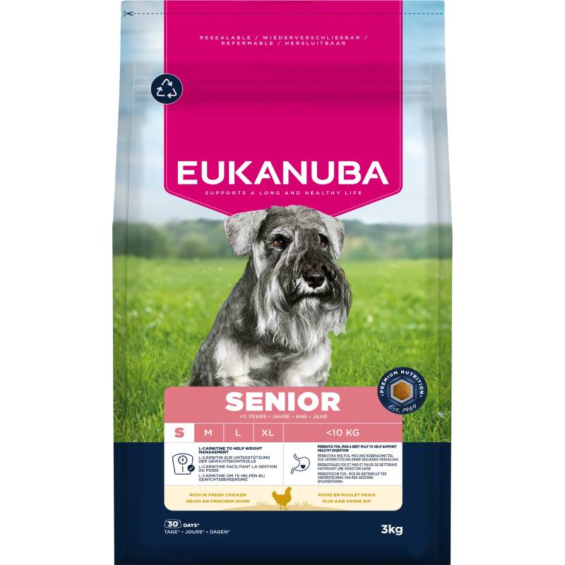 Eukanuba Senior Small Breed Chicken dry dog food for seniors, with a grey Schnauzer on the bag.