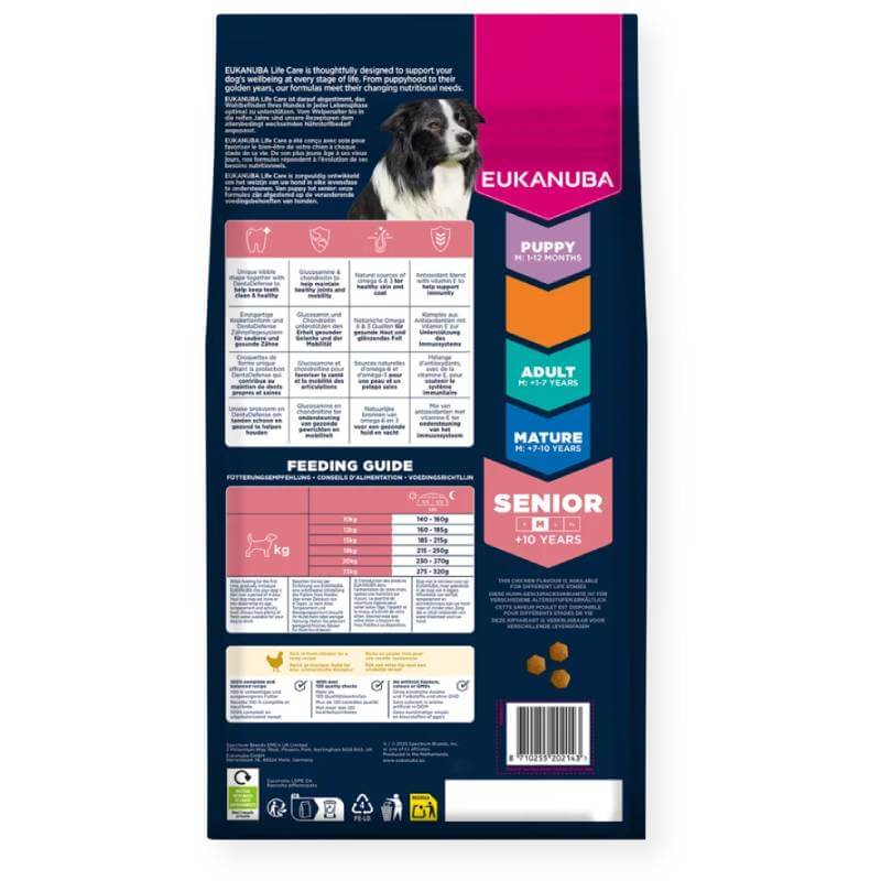 Back of Eukanuba Senior Medium Breed Chicken 12kg bag with feeding guide and joint support info.