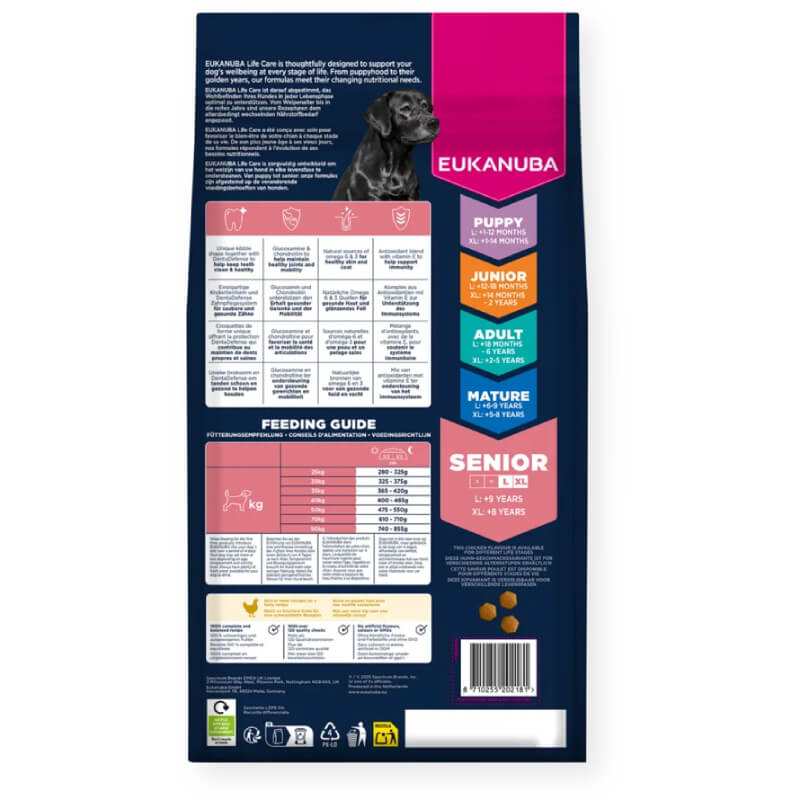 Back of Eukanuba Senior Large Breed Chicken 12kg bag with feeding guide and nutrition details.