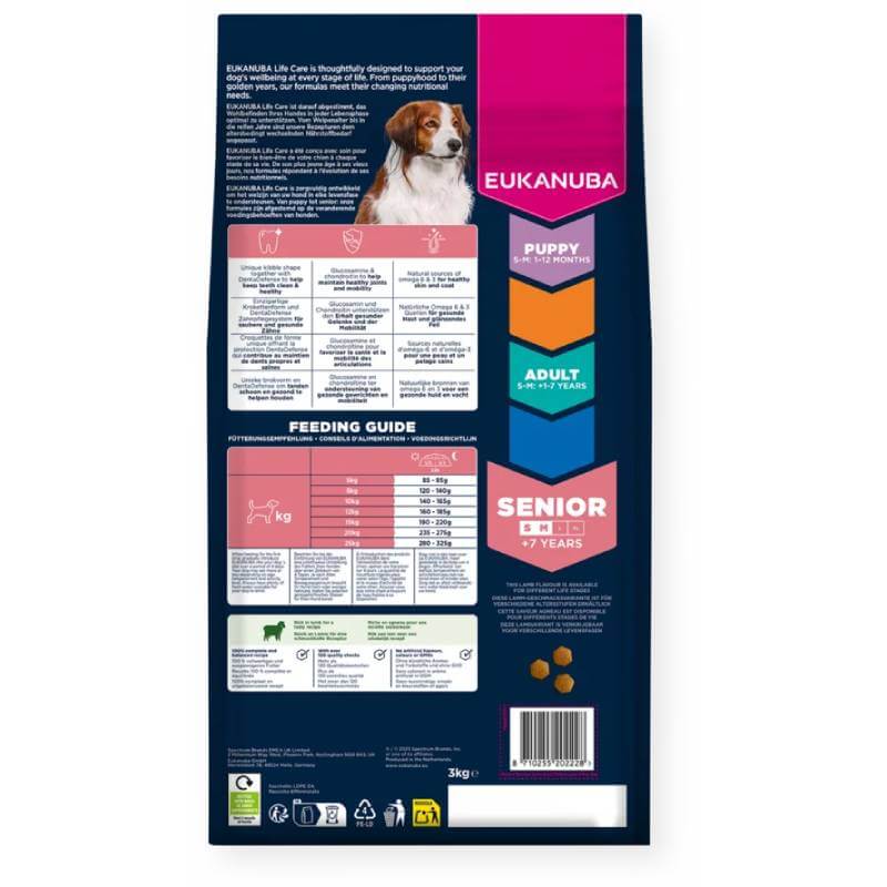 Eukanuba Dog Senior Small/Medium Breed Lamb & Rice 12kg with feeding guide on back.