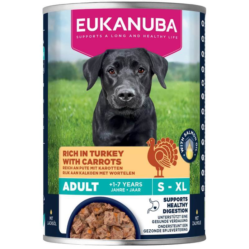 Eukanuba Life Care Adult All Breeds Turkey & Carrot Can 6x400g, ideal for adult dogs.
