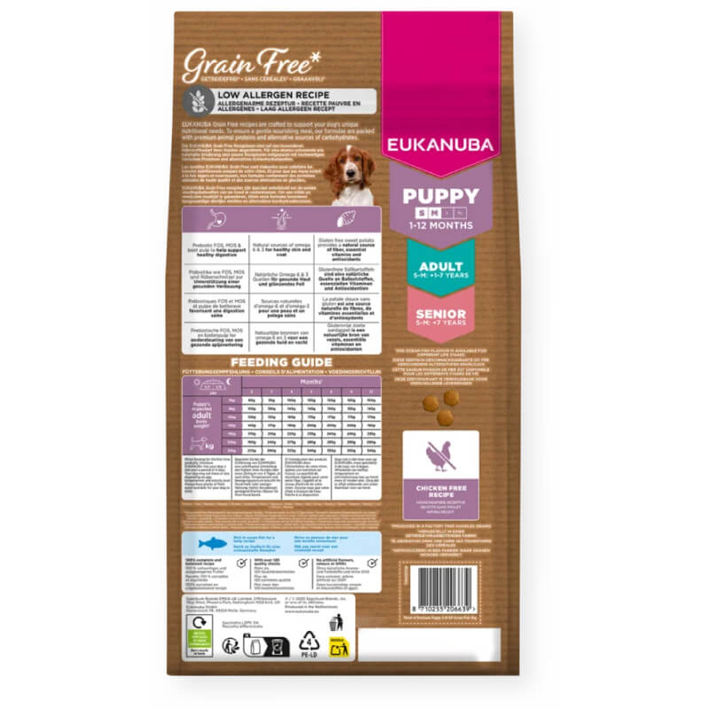 Back of Eukanuba Puppy Small/Medium Breed Grain Free Fish bag with feeding guide and details.