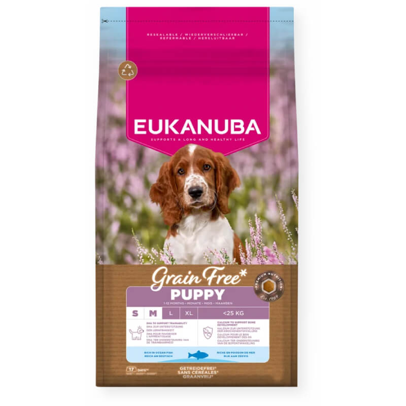 Eukanuba Puppy Small/Medium Breed Grain Free Fish for puppies, features a brown &amp; white puppy.