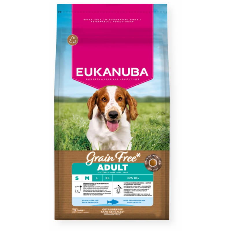 Eukanuba Adult Small/Medium Breed Grain Free Fish dog food bag with happy dog and grass.