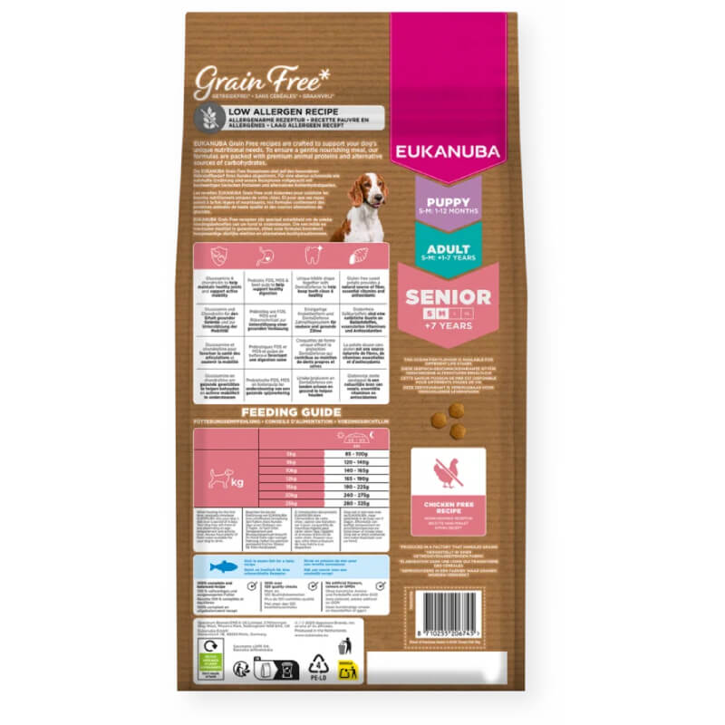 Back of Eukanuba Senior Small/Medium Breed Grain Free Fish with feeding guide and ingredients.