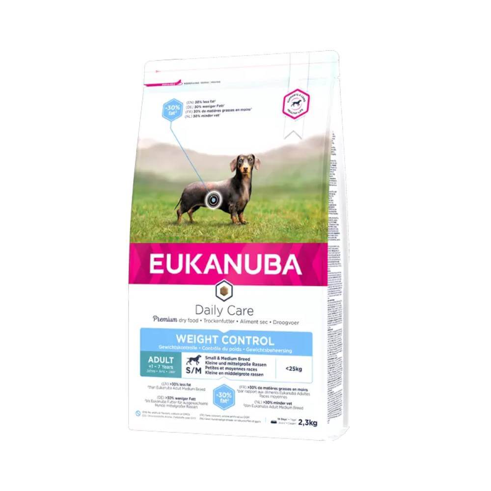 Eukanuba Weight Control Medium Breed, reduced fat dog food for Dachshunds.