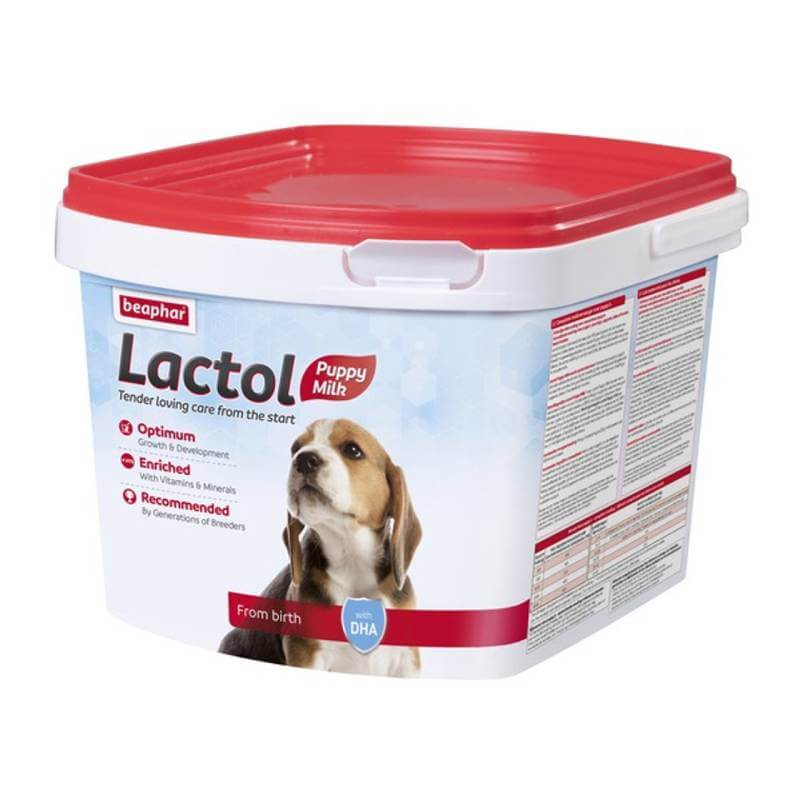 Beaphar Lactol Puppy Milk: container with red lid and beagle puppy on the label.