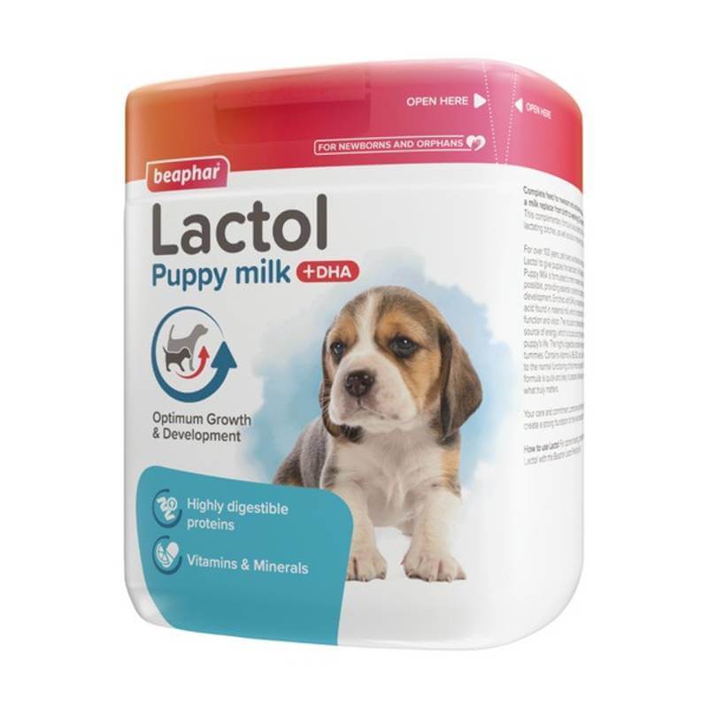 Beaphar Lactol Puppy Milk container with a beagle puppy image on the Beaphar label.