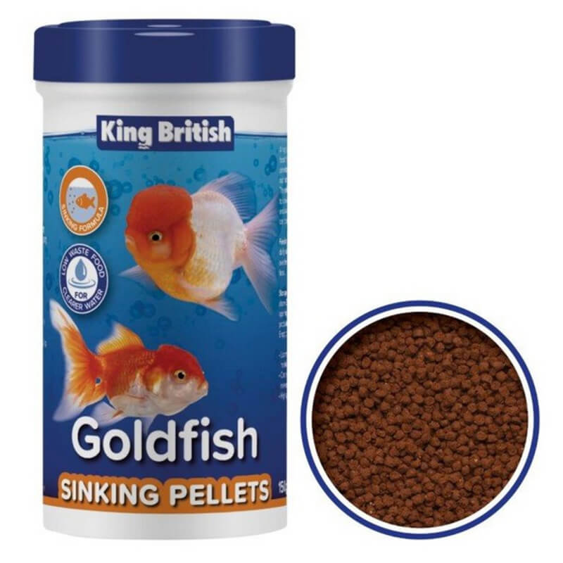 King British Goldfish Sinking Pellets 150g shown next to coldwater fish food.