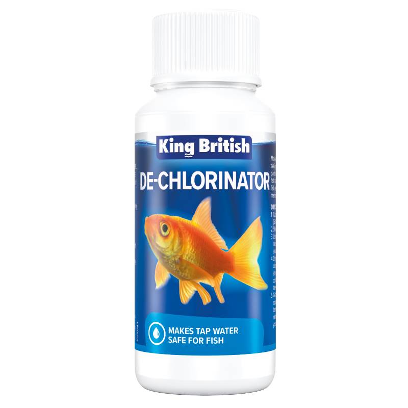 King British De-Chlorinator 100ml makes tap water safe for fish.