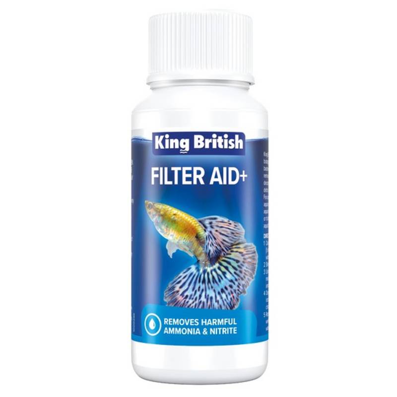 King British Filter Aid+ 100ml aquarium filter aid with a fish on the King British label.