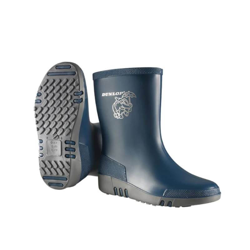 Dunlop Mini Child Wellies Blue/Grey—one upright, one displaying textured sole.