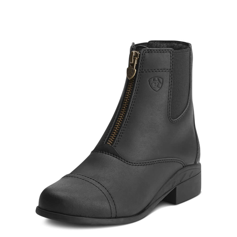 Ariat Youth Scout Zip Paddock Boot Black with front zipper, low heel, and small crest logo.