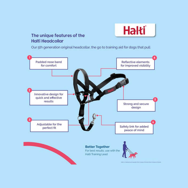 Halti Headcollar by Halti: diagram shows labeled features for better dog walking control.