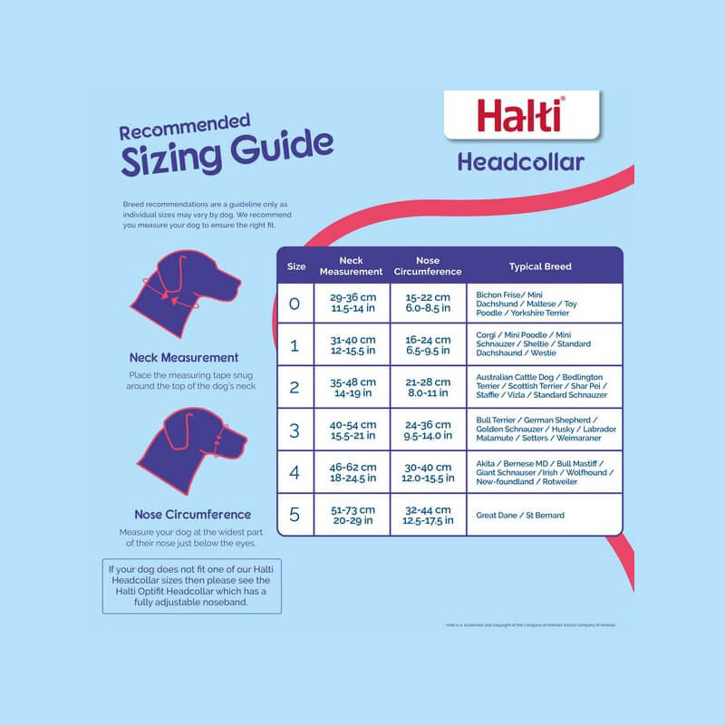 Halti Headcollar size guide chart with neck and nose measurements from Halti.