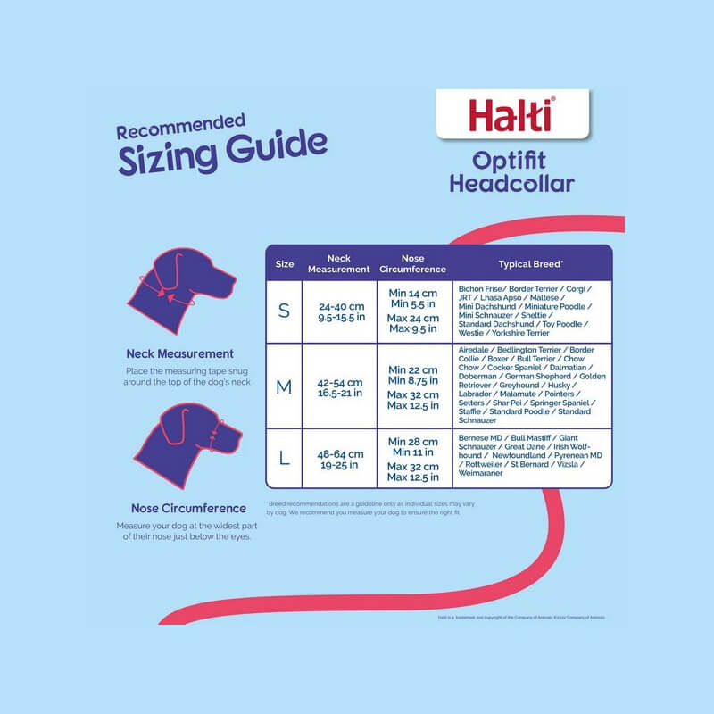 Halti Optifit Headcollar sizing guide for easy, comfortable no-pull dog walks.