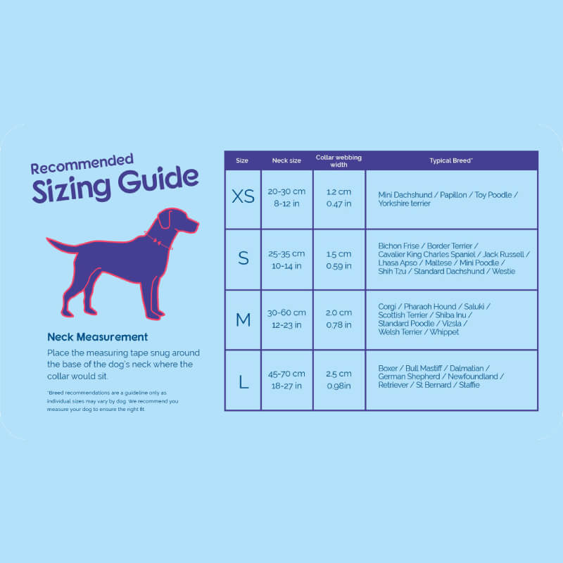 Halti Comfort Dog Collar sizing guide with neck measurements, breeds, and reflective options.