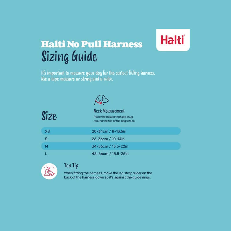 Halti No Pull Harness Forest Green size guide with neck chart for XS to L by Halti.