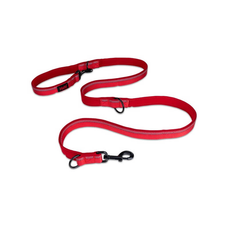 Halti Double Ended Lead Red with metal clips and reflective stitching on a white background.