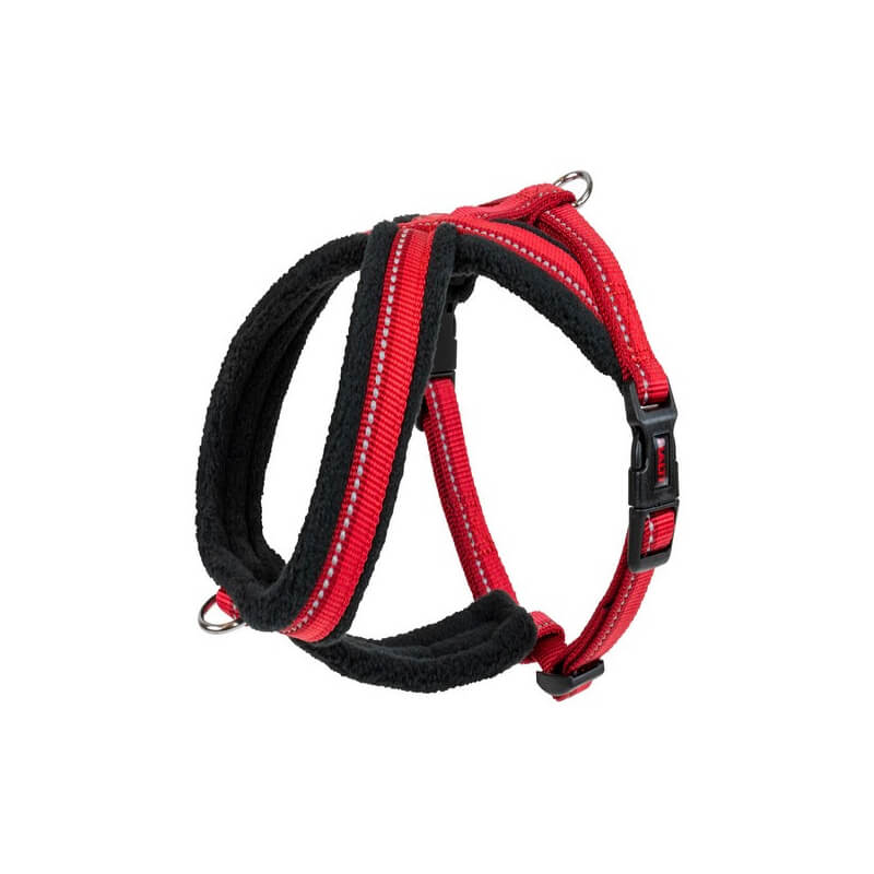 Halti Comfy Harness Red by Halti, reflective with buckle and metal rings on white background.