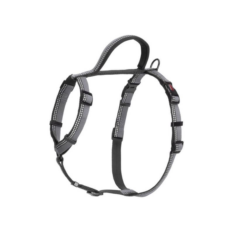Halti Walking Harness by Halti, black & gray with reflective, adjustable straps.