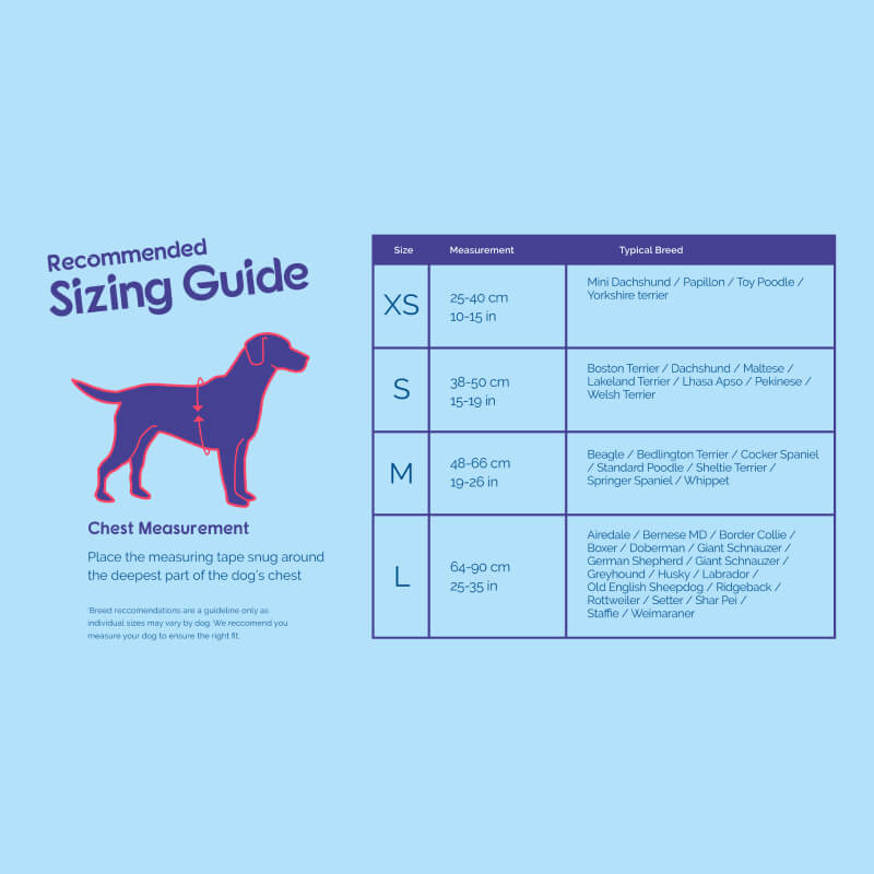 Sizing guide for Halti Walking Harness Red chest sizes with typical breeds included.