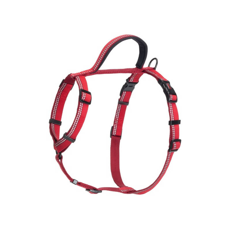 Halti Walking Harness Red with handle and reflective stitching, isolated on white background.