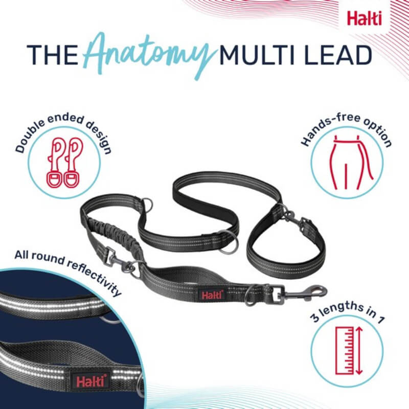 Halti Anatomy Multi Lead Grey: adjustable, double-ended, reflective dog lead by Halti.