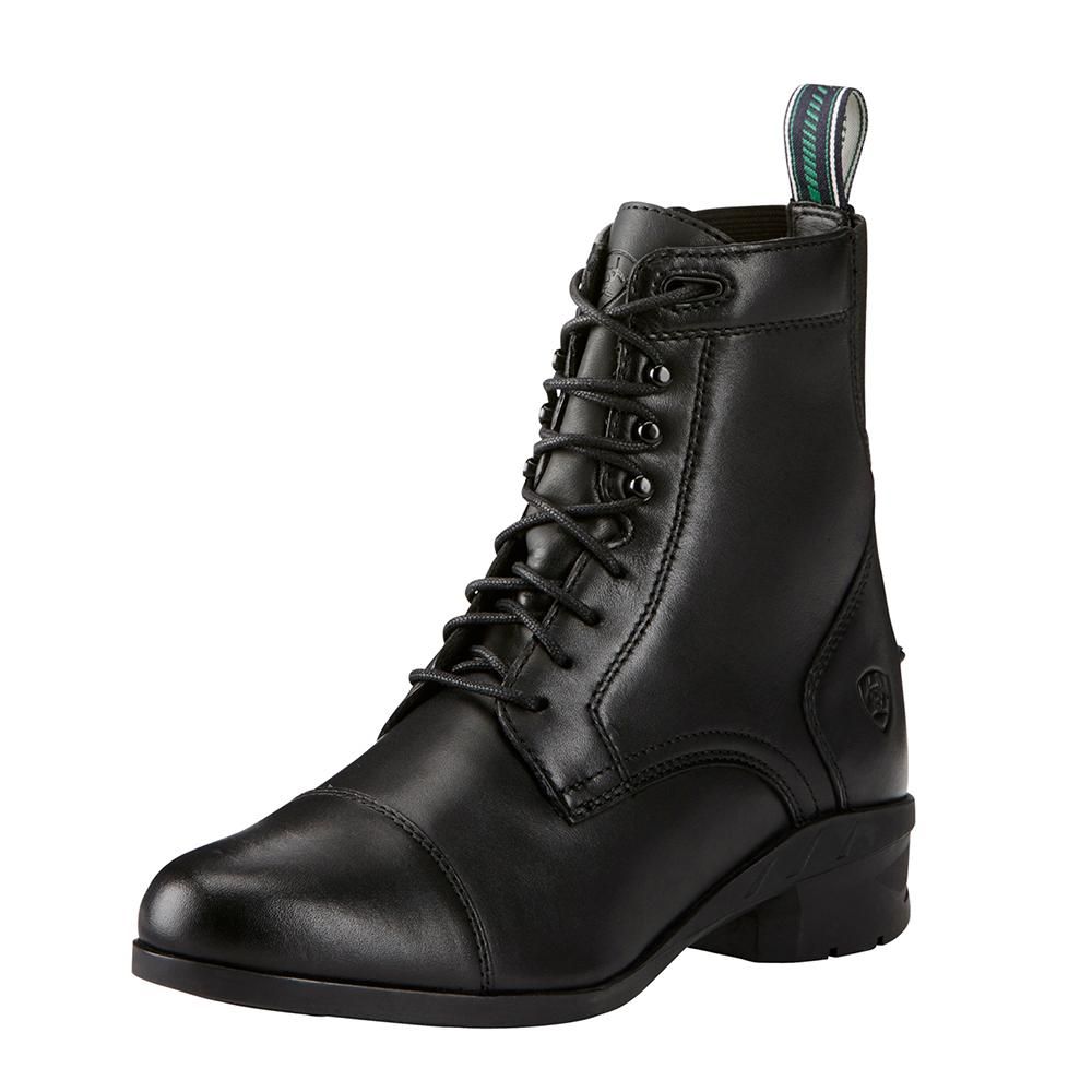 Ariat Women's Heritage IV Paddock Boots in black leather with low heel and pull tab, angled view.