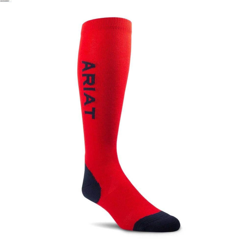 Red/Navy Ariattek Performance Socks by Ariat with black toe and heel accents.