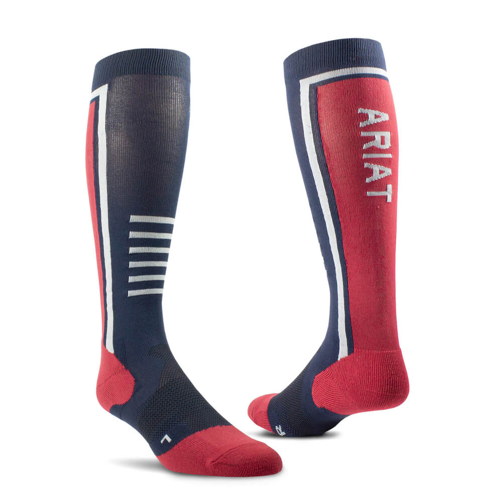 Ariat Ariattek Slimline Navy/Red performance socks with arch support and white stripes.