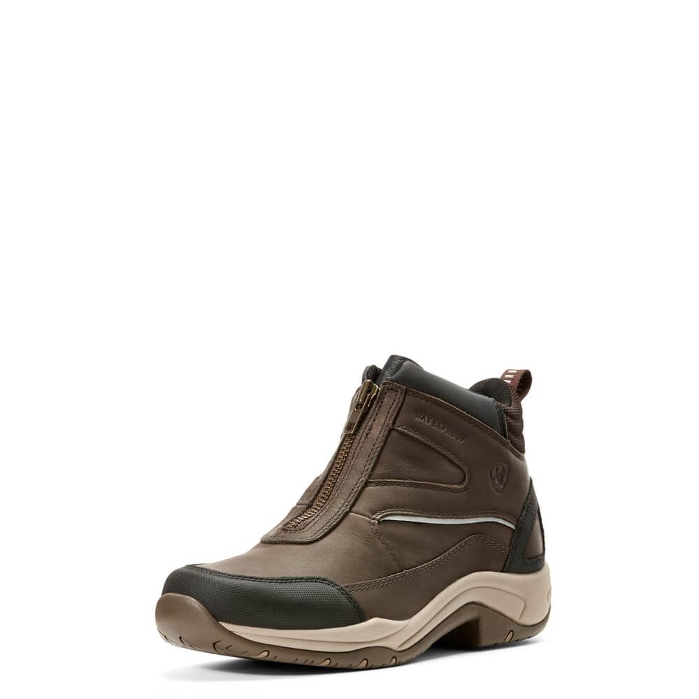Ariat Telluride Zip H2O Boots: brown ankle boots with front zipper, rugged sole, black toe cap.