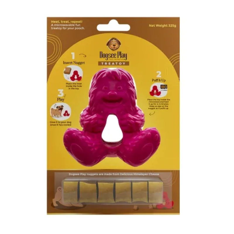 Dogsee Play Treatoy Yak Pink: pink, non-toxic dog chew toy with treat slot in brown packaging.