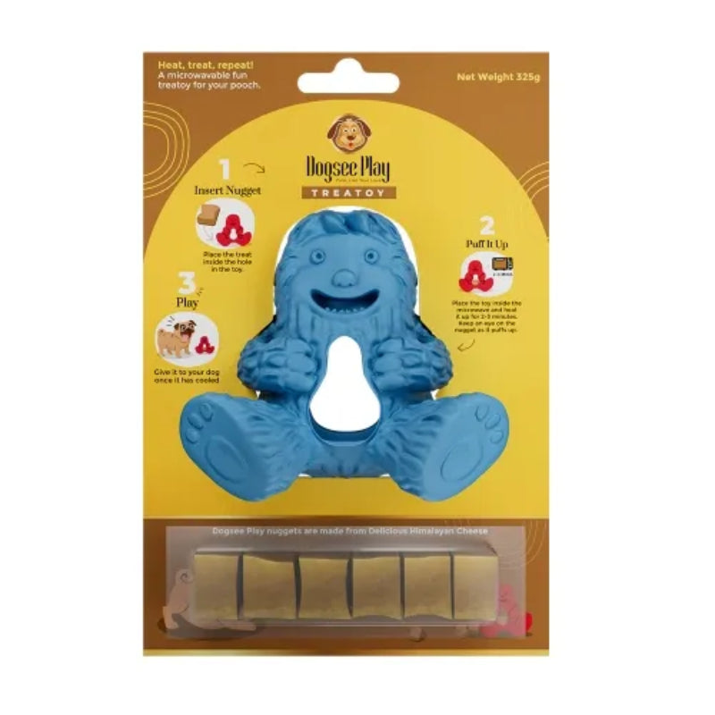 Dogsee Play Treatoy Yak Blue: blue, non-toxic dog chew toy with Himalayan cheese treat.