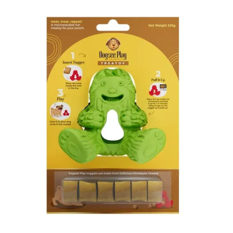 Dogsee Play Treatoy Yak Green by Dogsee: non-toxic, treat slots, packaging shows treats &amp; instructions.