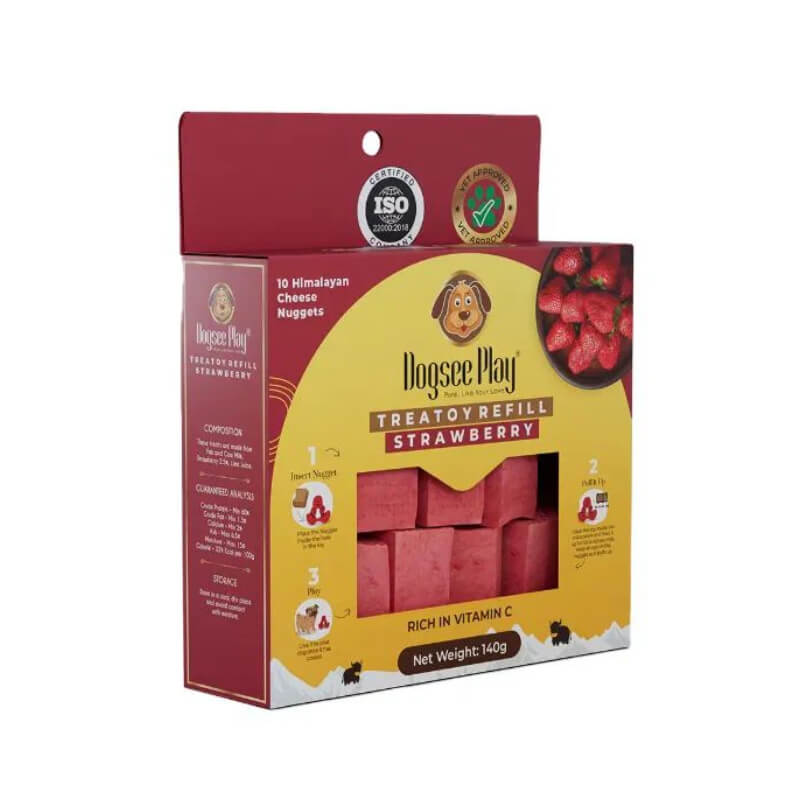 Dogsee Play Refill Himalayan Cheese Nuggets Strawberry 10pk, front view.