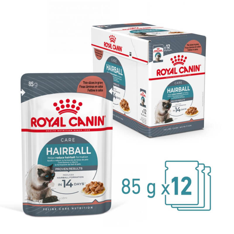 Royal Canin Hairball Care In Gravy 12x85g pouches for hairball reduction in cats.