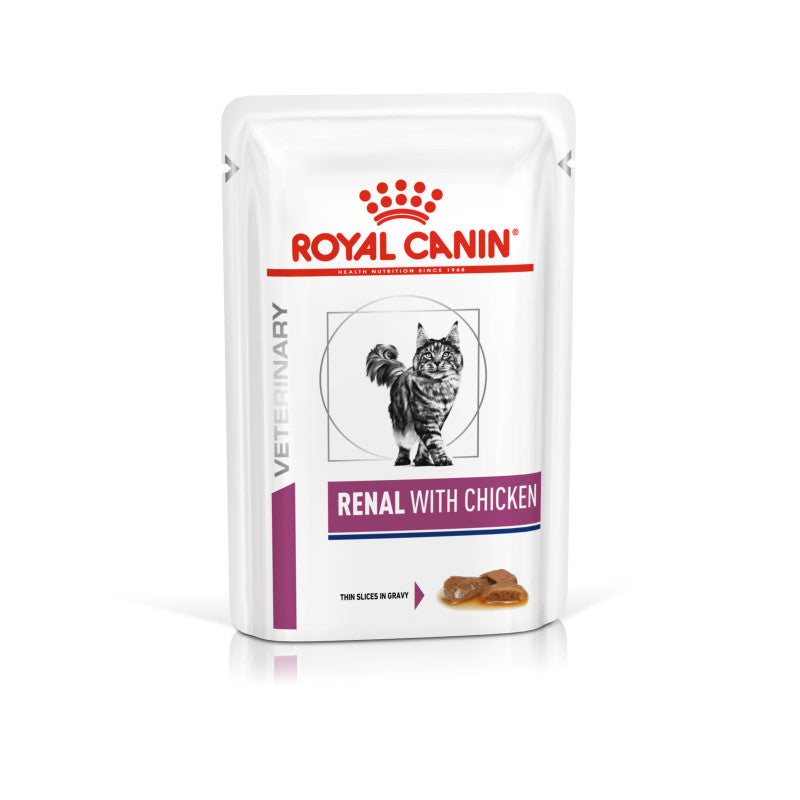 Royal Canin Veterinary Feline Renal Wet Pouch Chicken 12x85g, for cats with kidney issues.