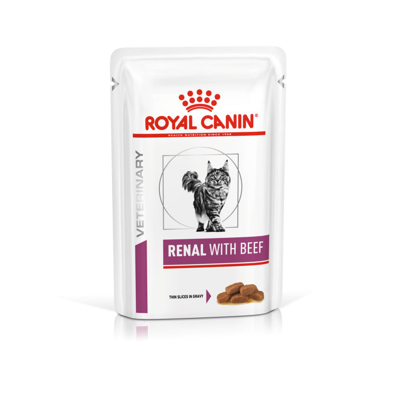Royal Canin Veterinary Feline Renal Wet Pouch Beef 12x85g for cats with kidney disease.